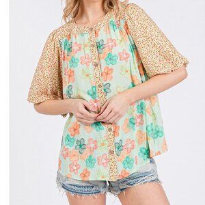 044.BUTTON DOWN FLORAL SHIRT BUBBLE SLEEVES TOP